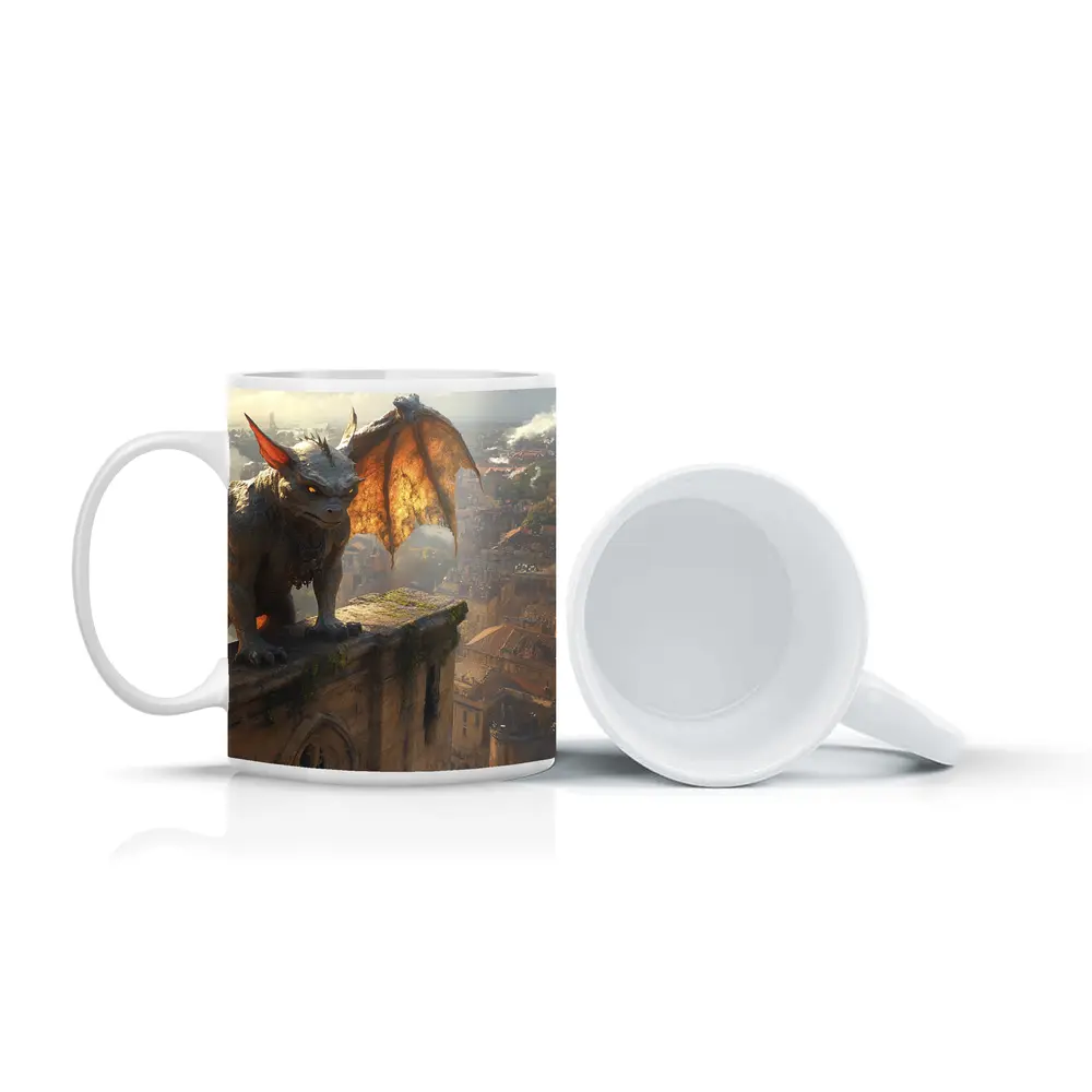 Gargoyle Perched Over Medieval City Skyline – Mugs