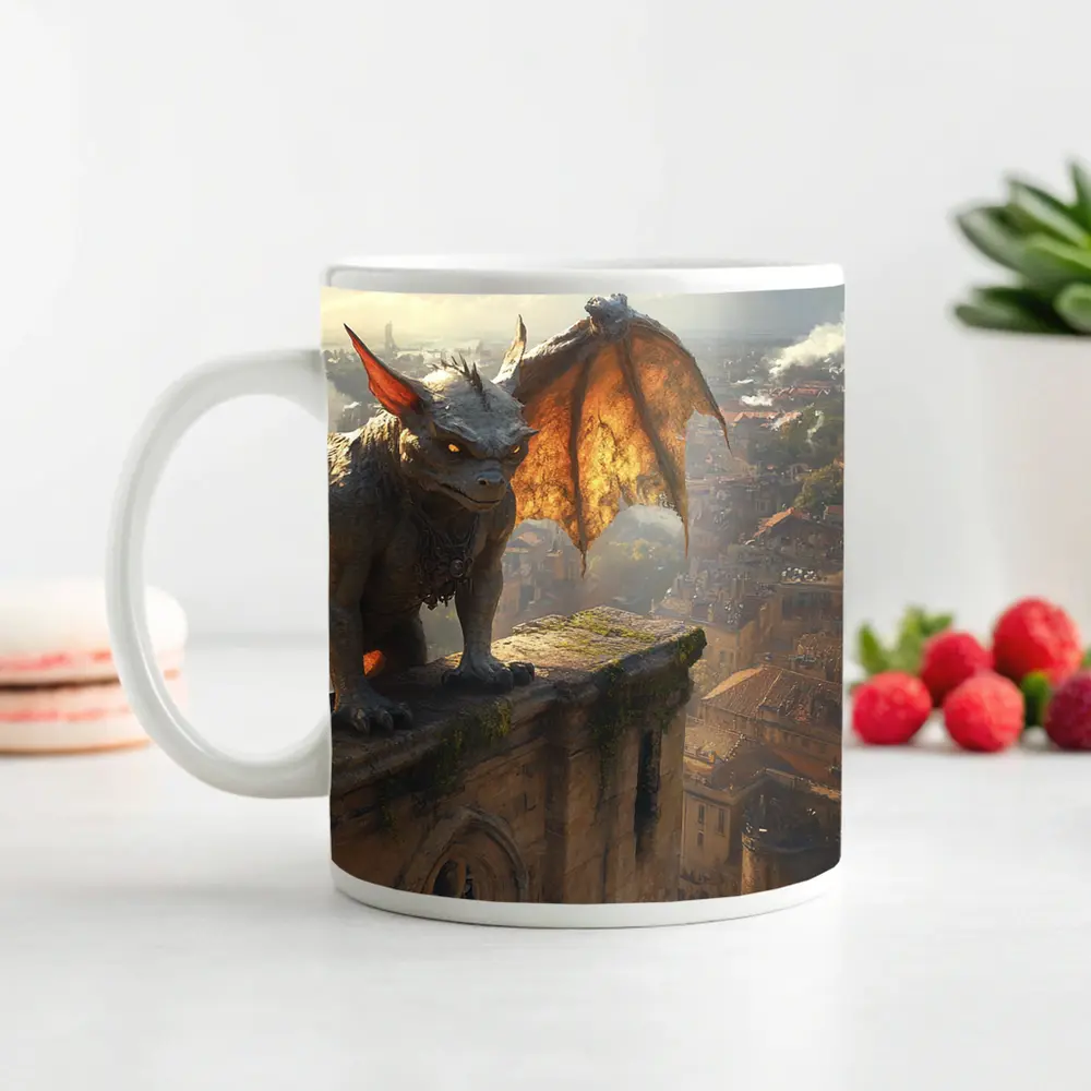 Gargoyle Perched Over Medieval City Skyline – Mugs