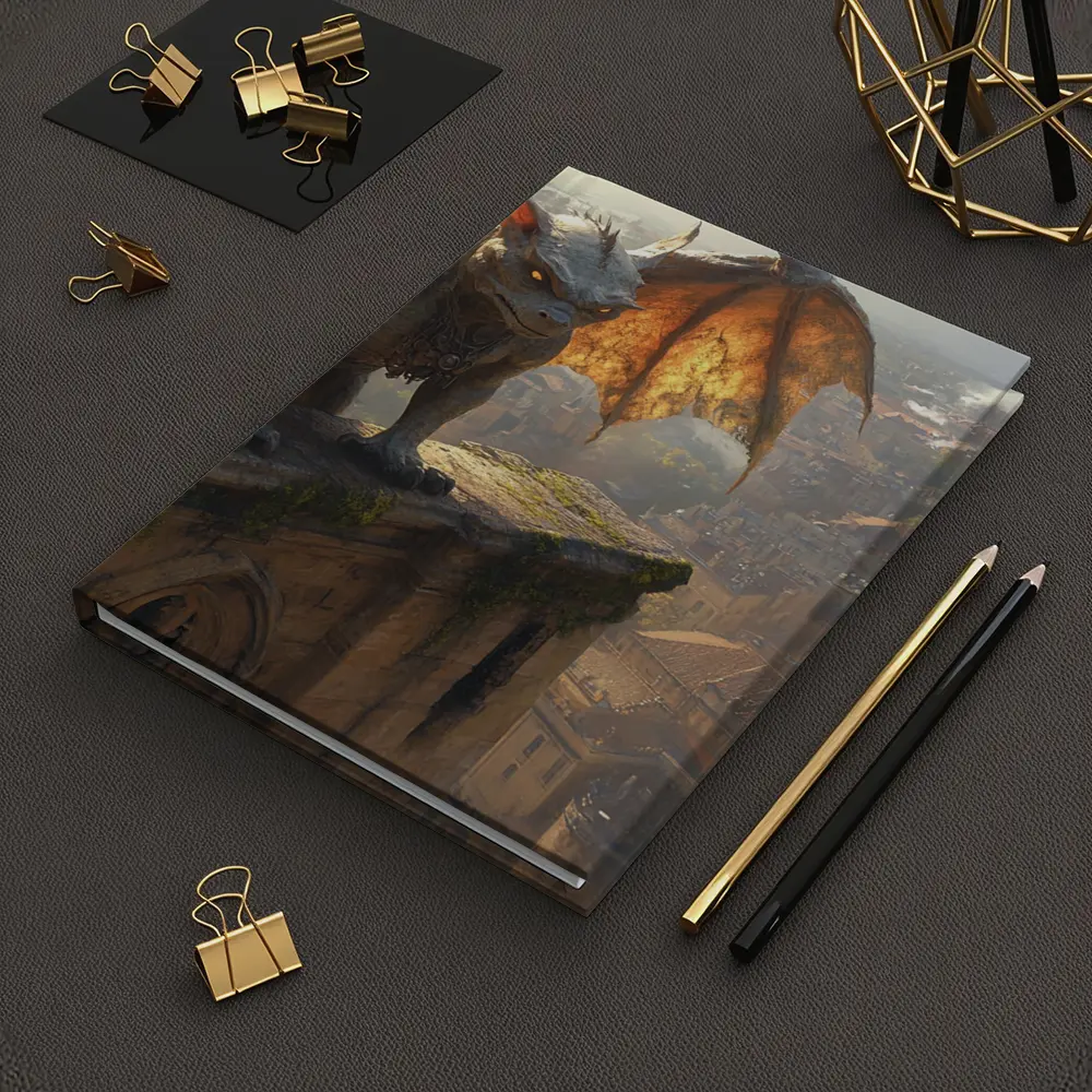 Gargoyle Perched Over Medieval City Skyline – Notebooks