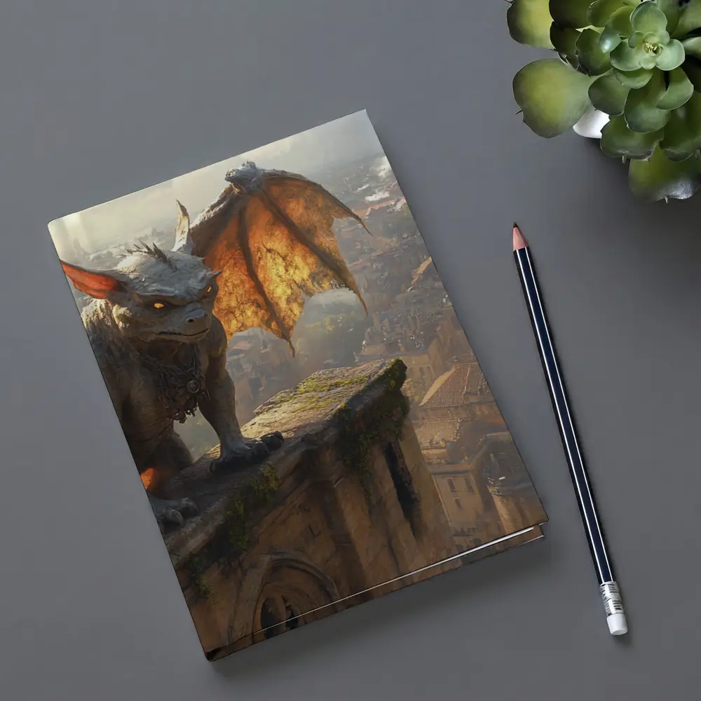 Gargoyle Perched Over Medieval City Skyline – Notebooks