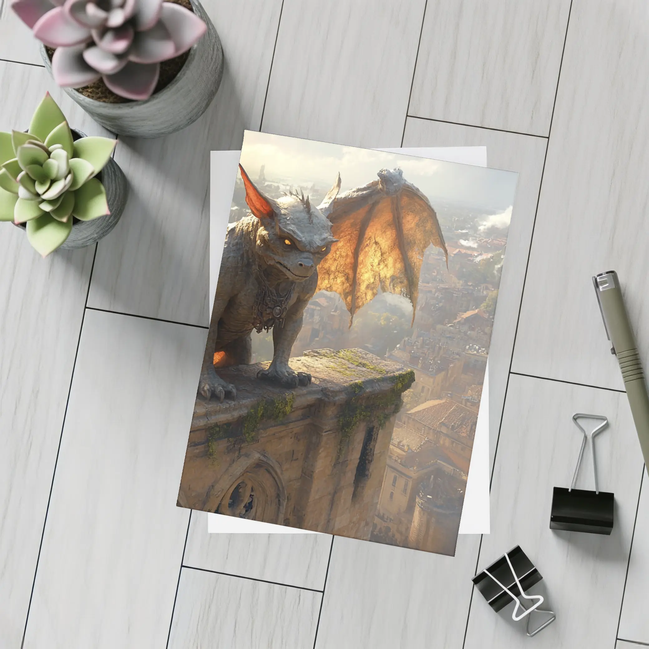 Gargoyle Perched Over Medieval City Skyline – Postcards