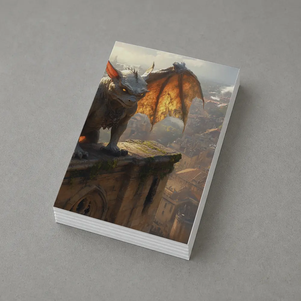Gargoyle Perched Over Medieval City Skyline – Postcards