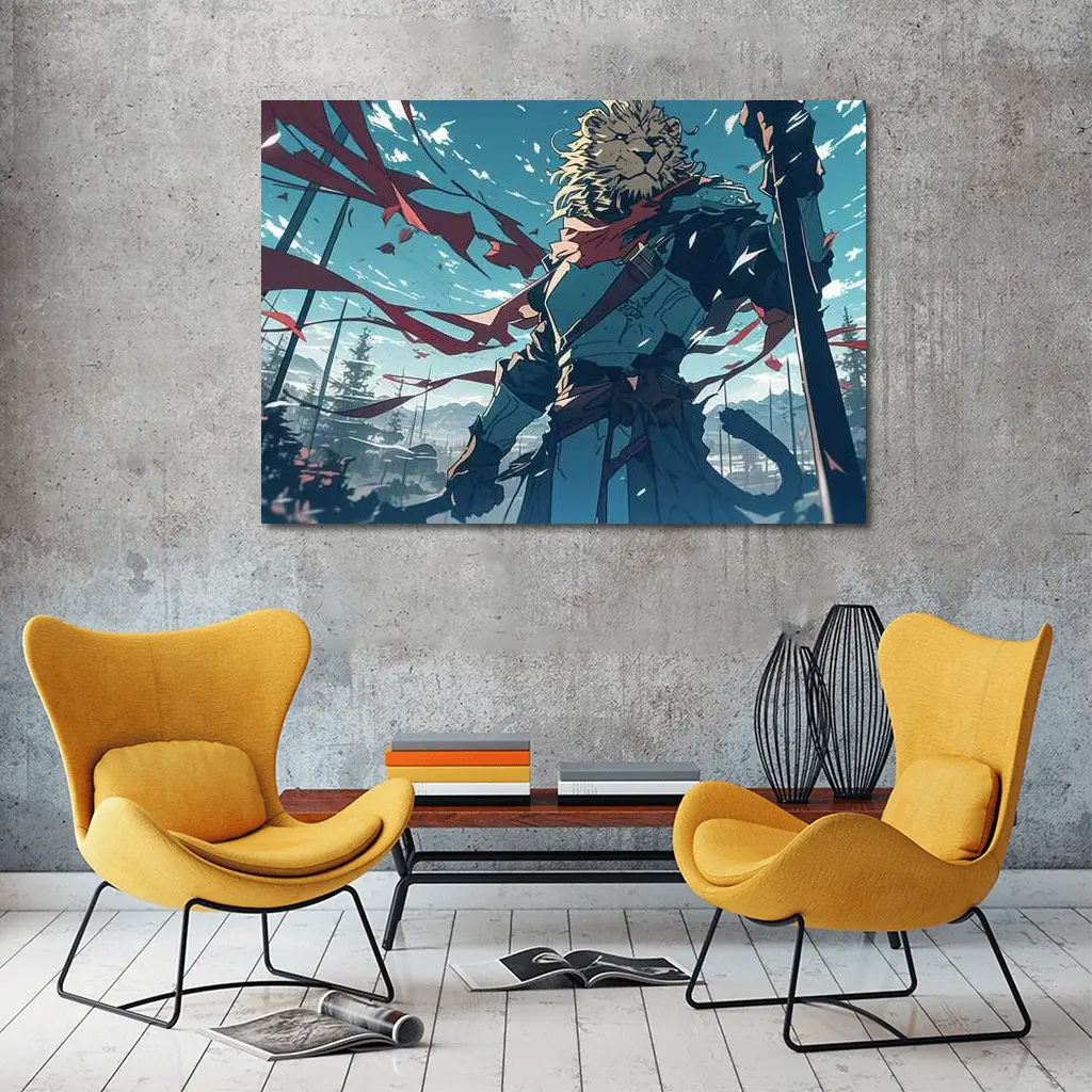 Lion Warrior Anime Art Snowy Battle Scene – Wall Art