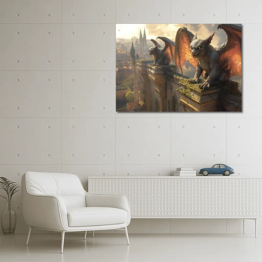 Gargoyles Perched On Gothic Cathedral City – Wall Art