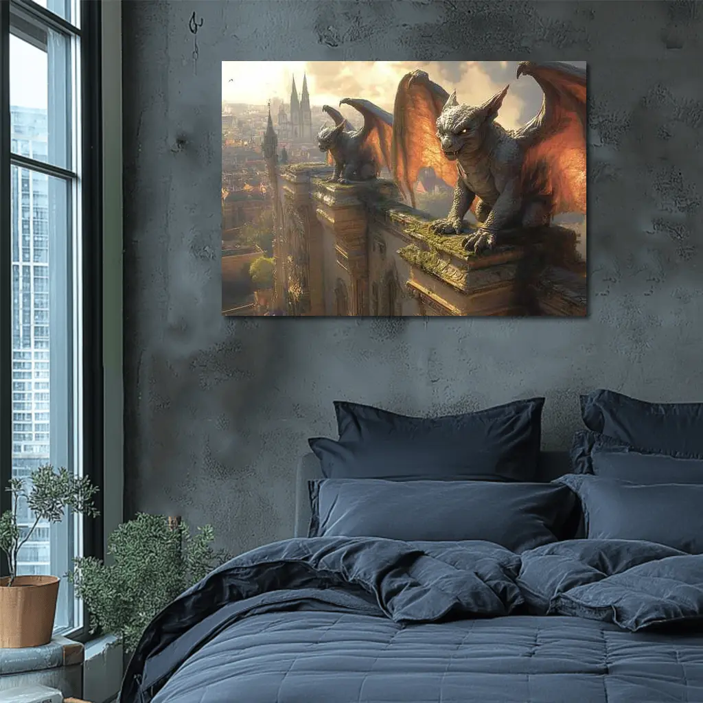 Gargoyles Perched On Gothic Cathedral City – Wall Art