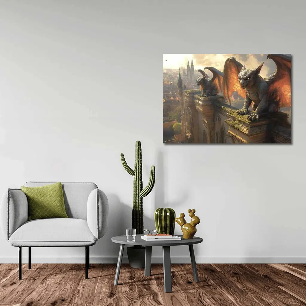 Gargoyles Perched On Gothic Cathedral City – Wall Art