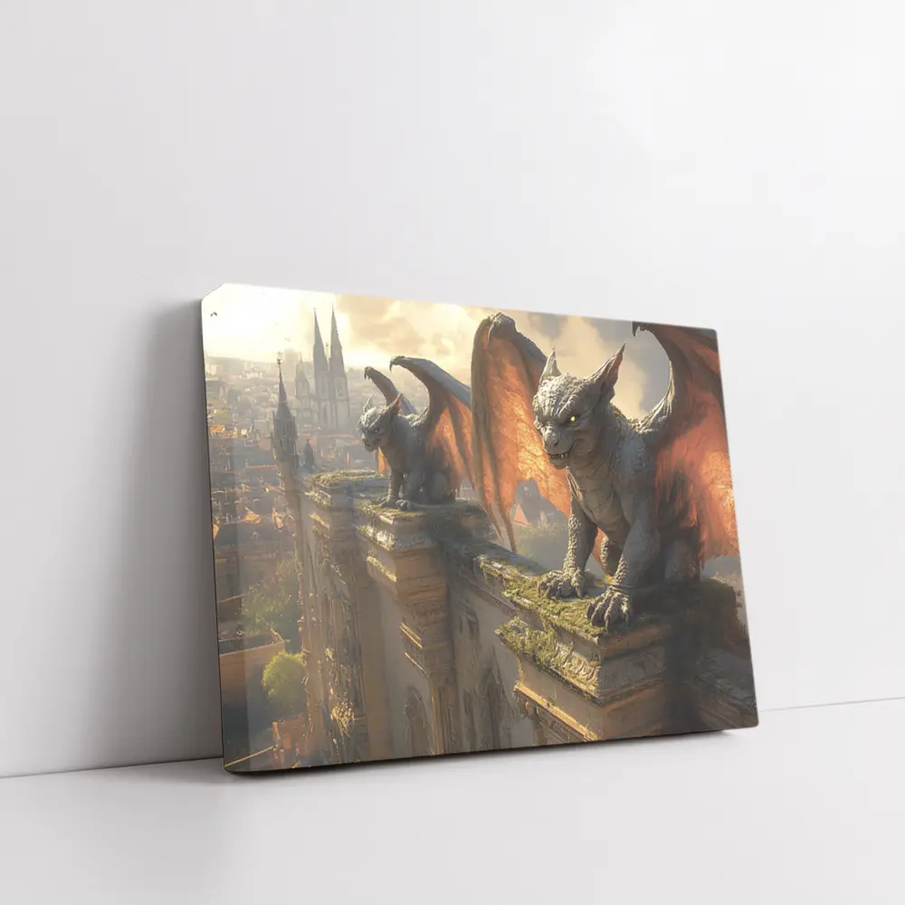 Gargoyles Perched On Gothic Cathedral City – Wall Art