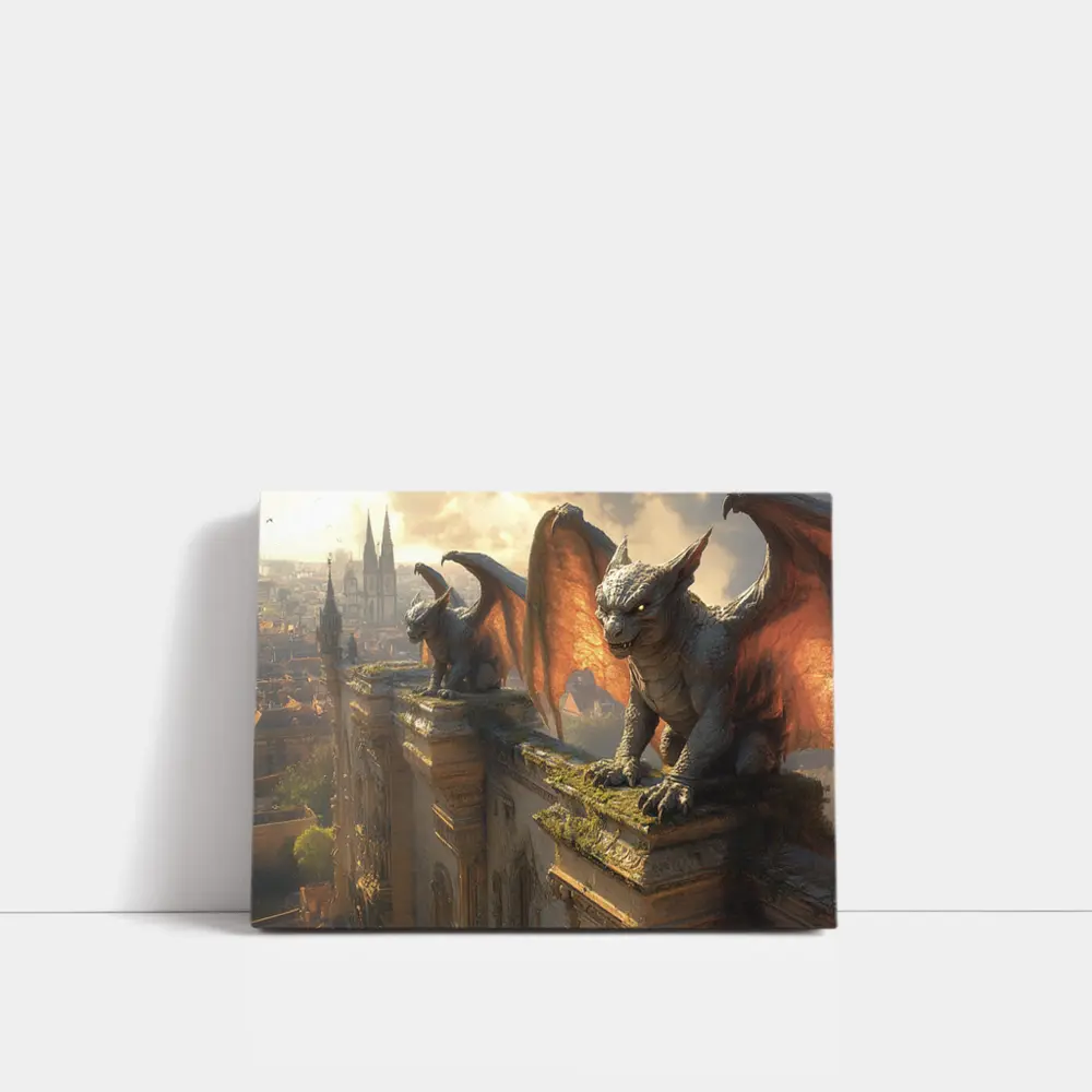 Gargoyles Perched On Gothic Cathedral City – Wall Art