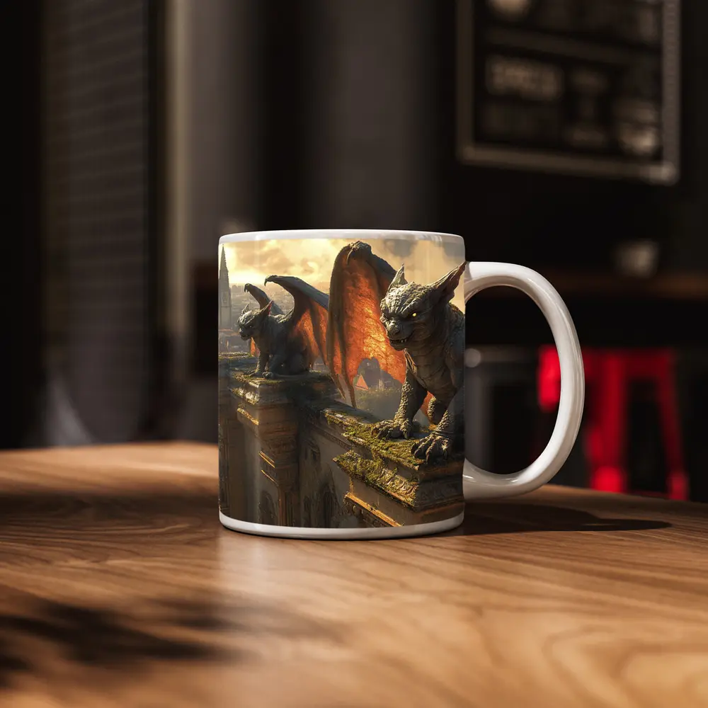 Gargoyles Perched On Gothic Cathedral City – Mugs