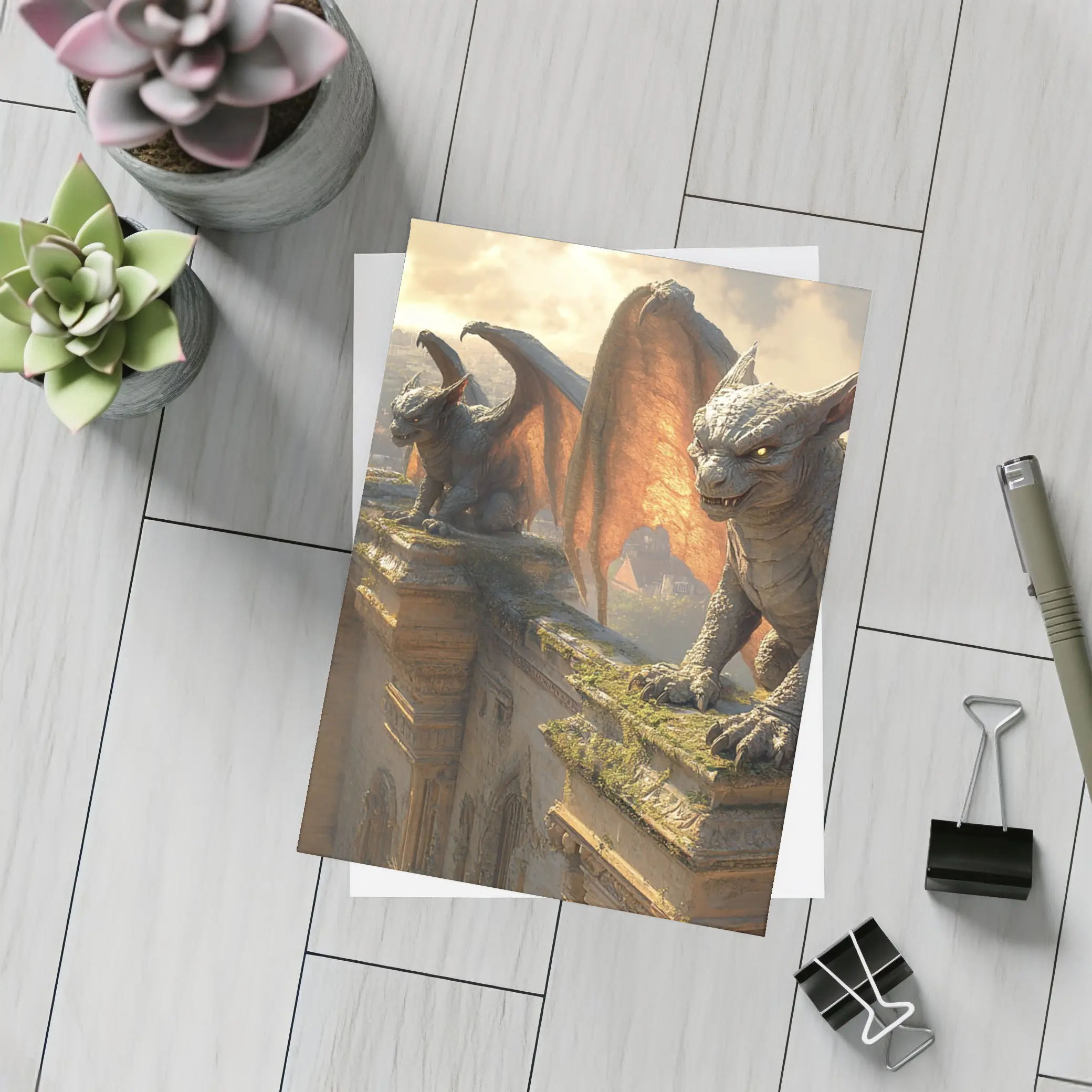 Gargoyles Perched On Gothic Cathedral City – Postcards