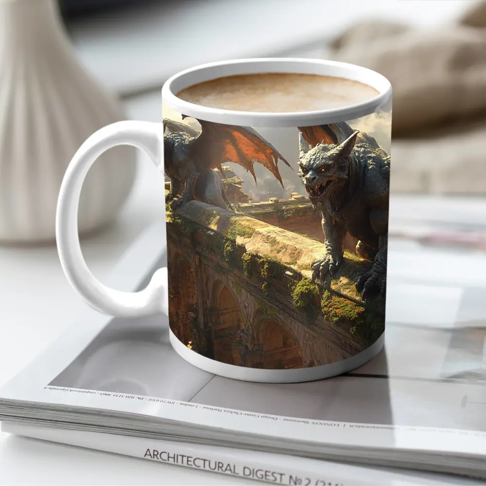 Gargoyles Perched On Ancient City Wall – Mugs