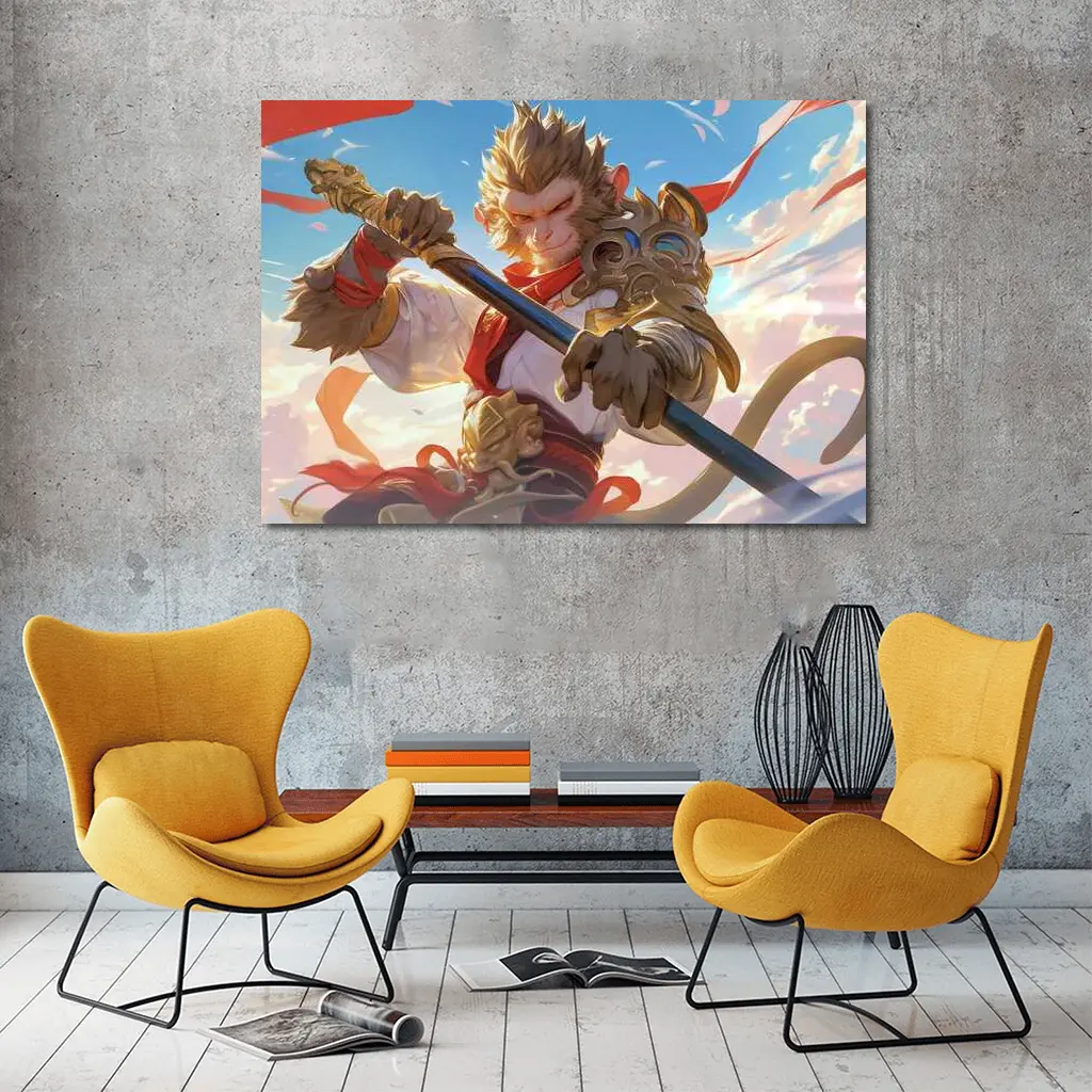 Monkey King Warrior Staff Sky Battle – Wall Art