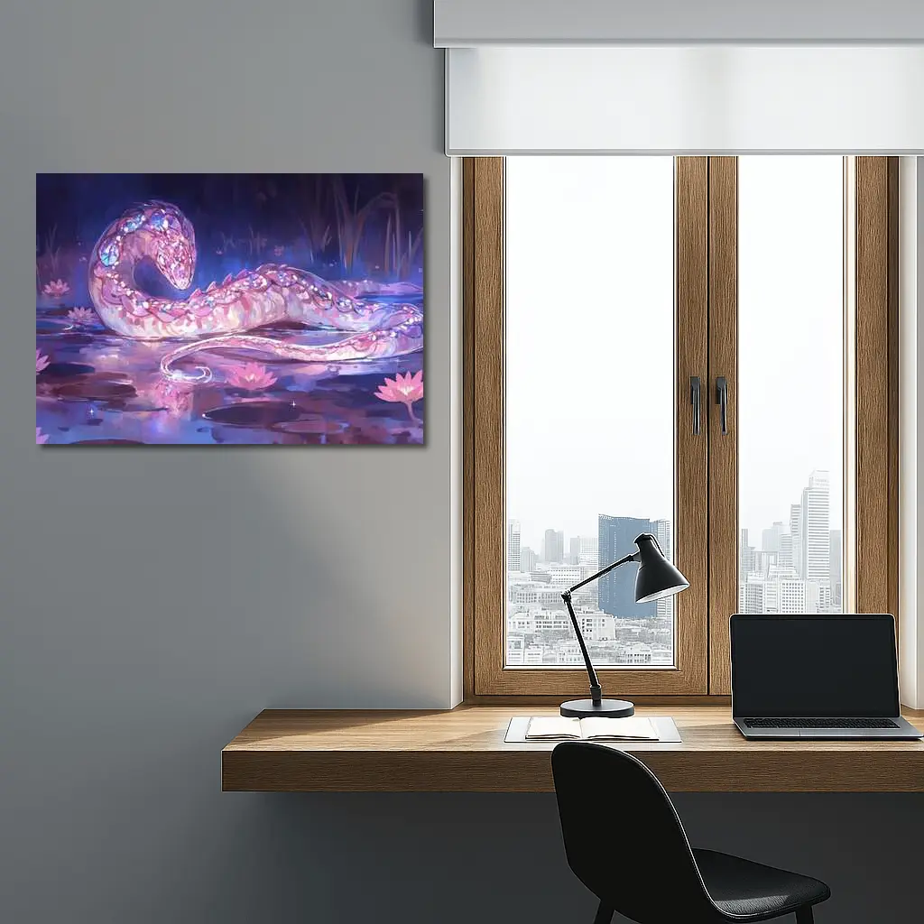 Crystal Snake Resting on Lotus Pond – Wall Art