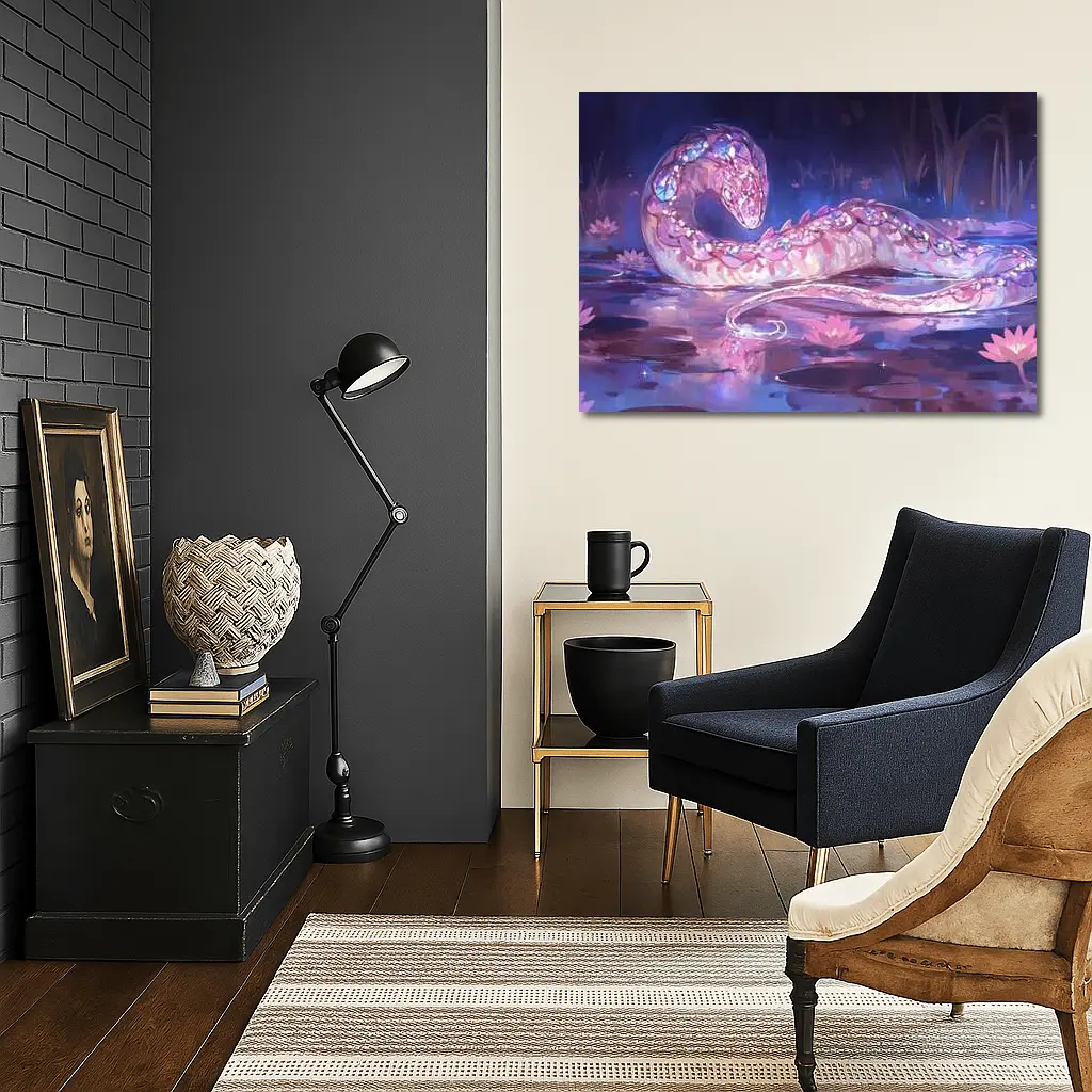 Crystal Snake Resting on Lotus Pond – Wall Art