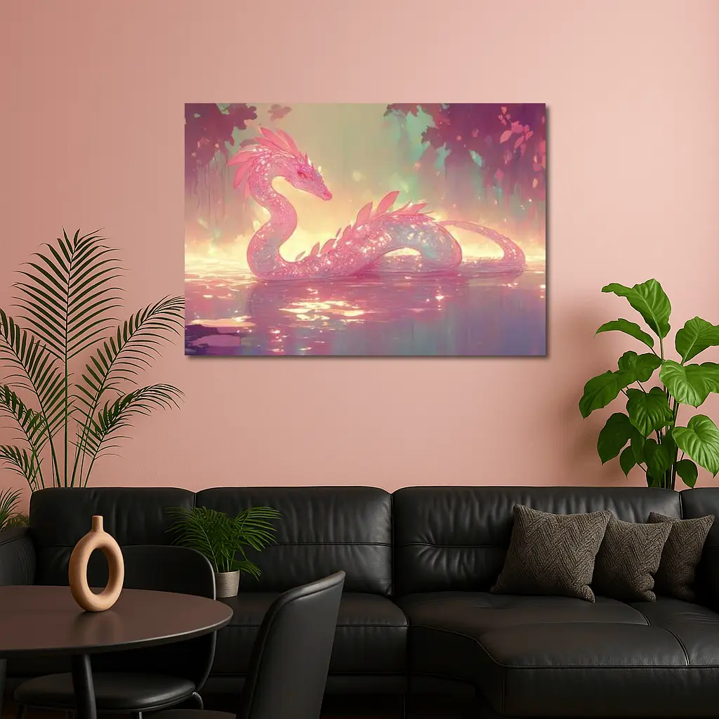 Pink Crystal Dragon Resting In Enchanted Water – Wall Art
