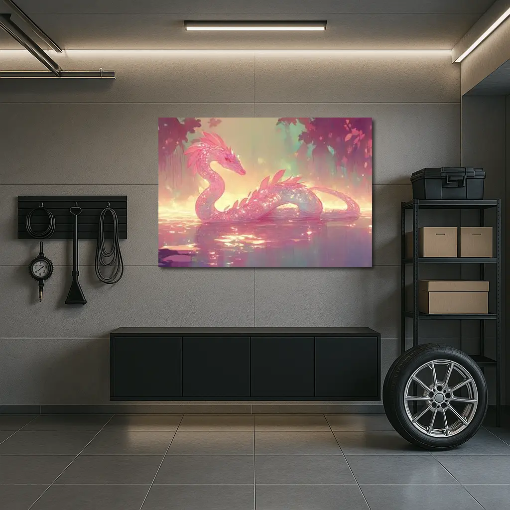 Pink Crystal Dragon Resting In Enchanted Water – Wall Art