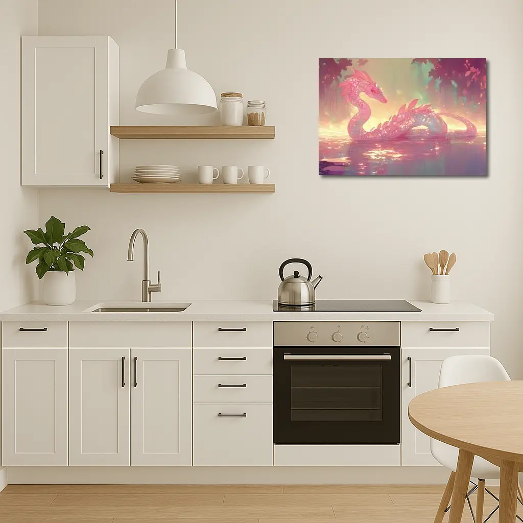 Pink Crystal Dragon Resting In Enchanted Water – Wall Art