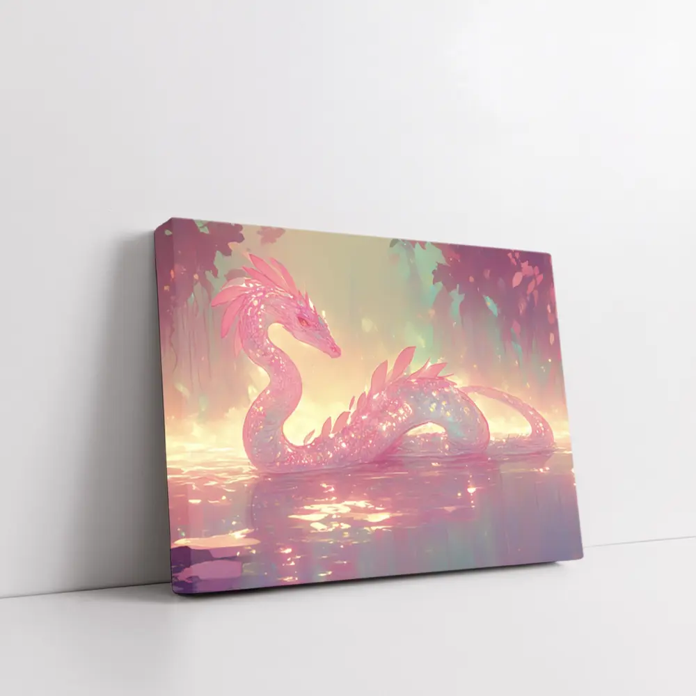 Pink Crystal Dragon Resting In Enchanted Water – Wall Art