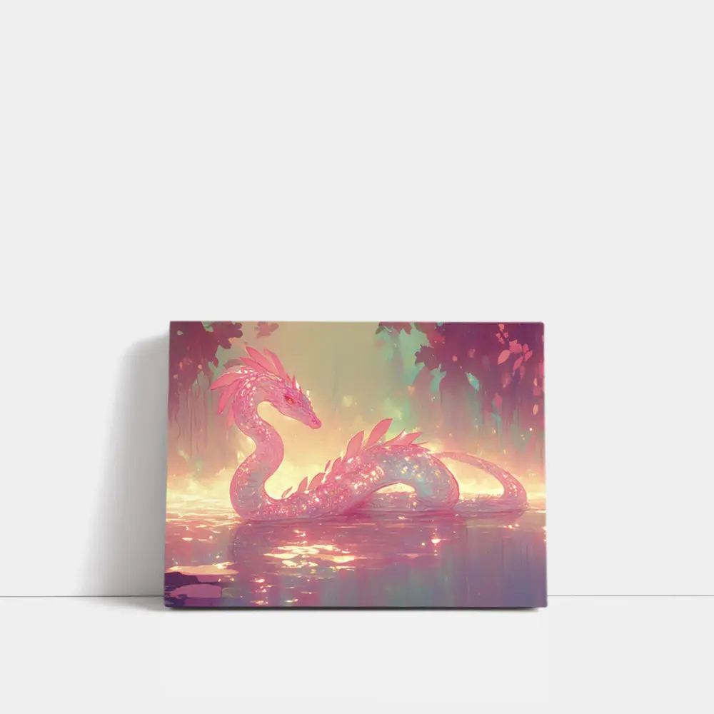 Pink Crystal Dragon Resting In Enchanted Water – Wall Art