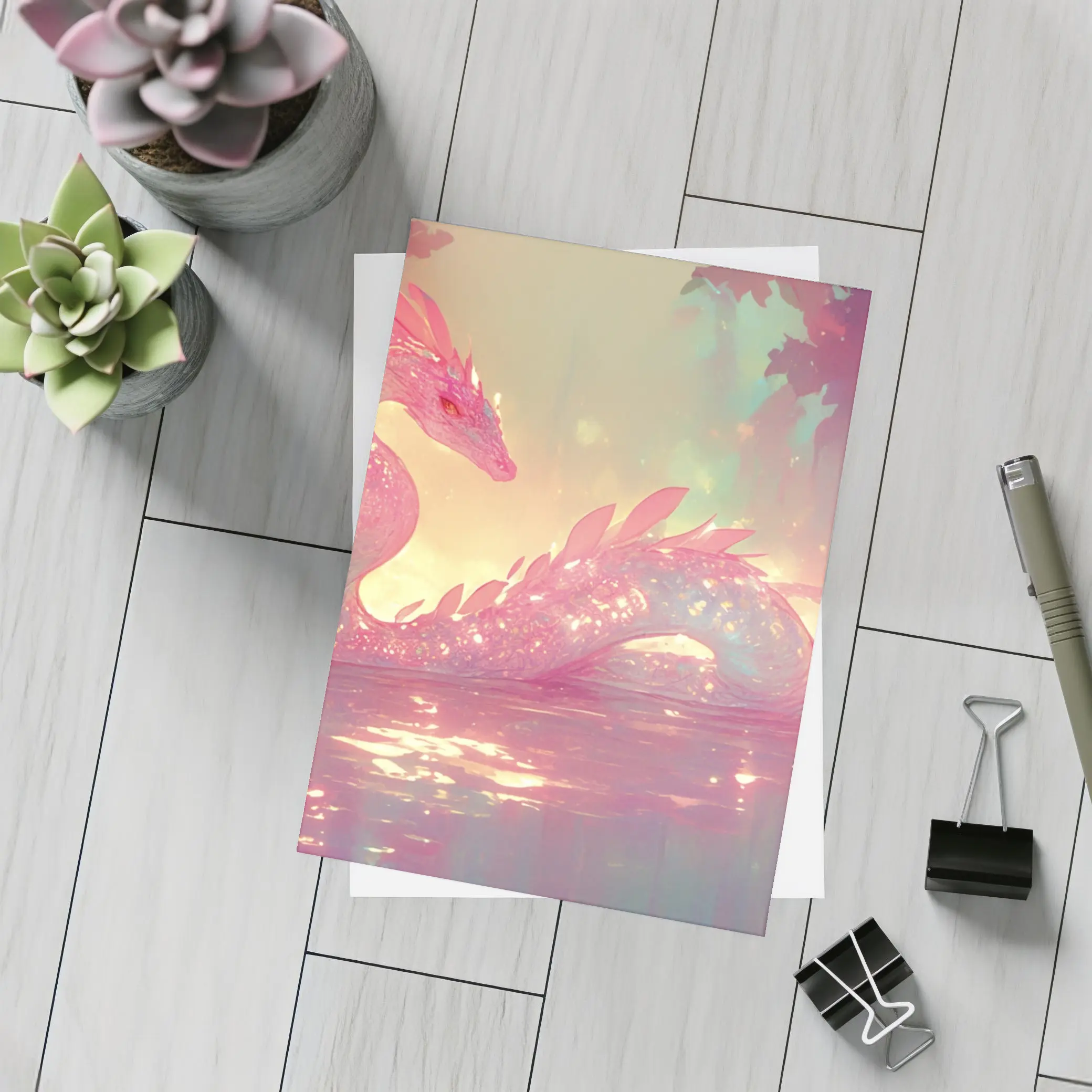 Pink Crystal Dragon Resting In Enchanted Water – Postcards