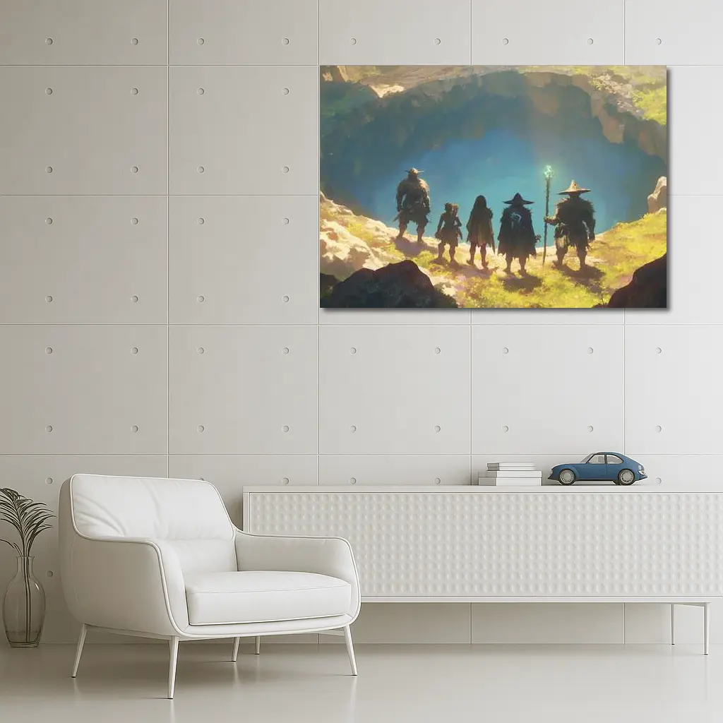 Fantasy Warriors Standing Before Glowing Cave – Wall Art
