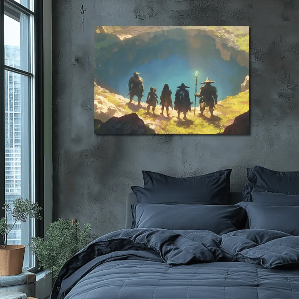 Fantasy Warriors Standing Before Glowing Cave – Wall Art