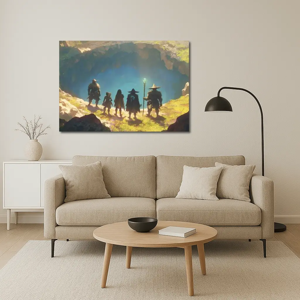Fantasy Warriors Standing Before Glowing Cave – Wall Art