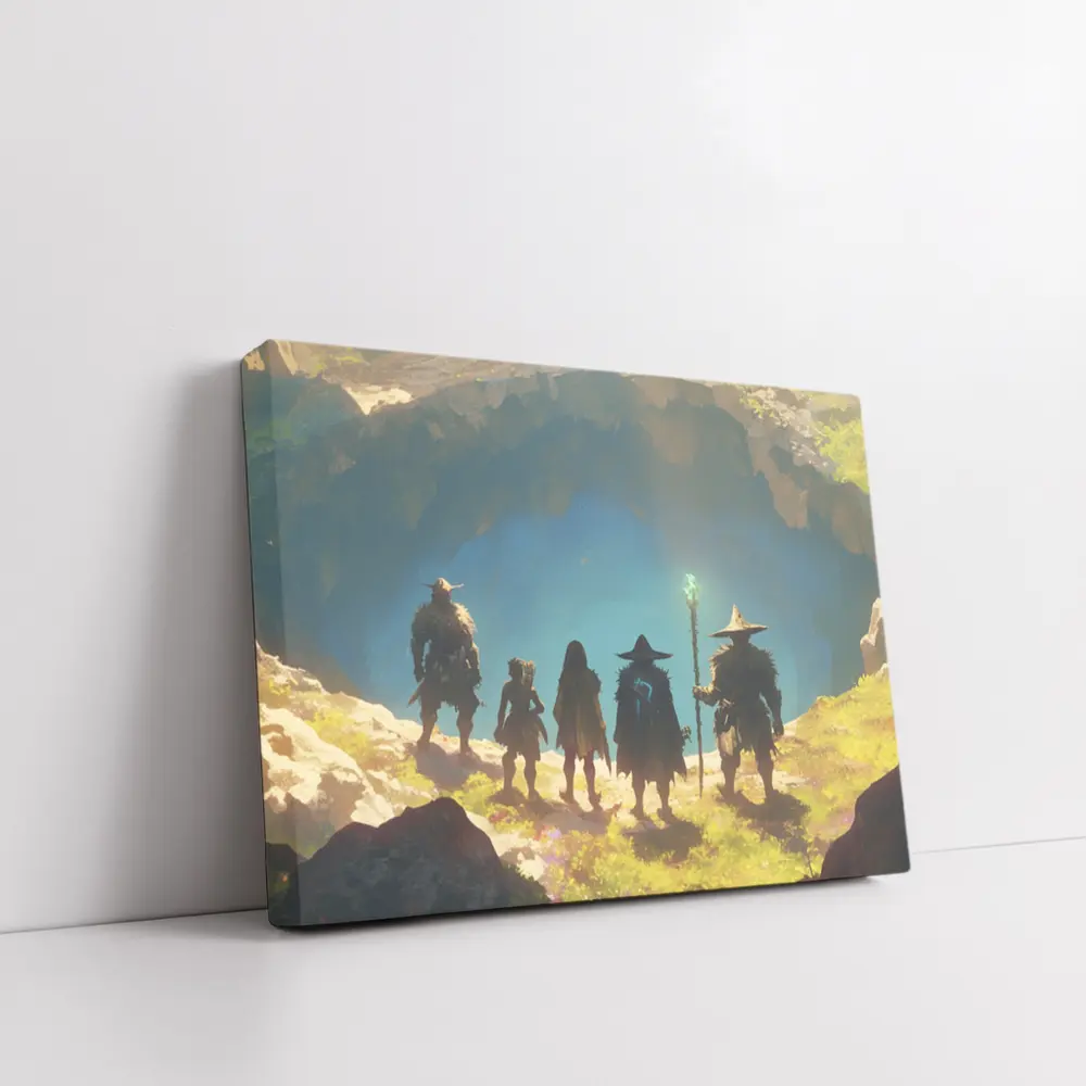 Fantasy Warriors Standing Before Glowing Cave – Wall Art