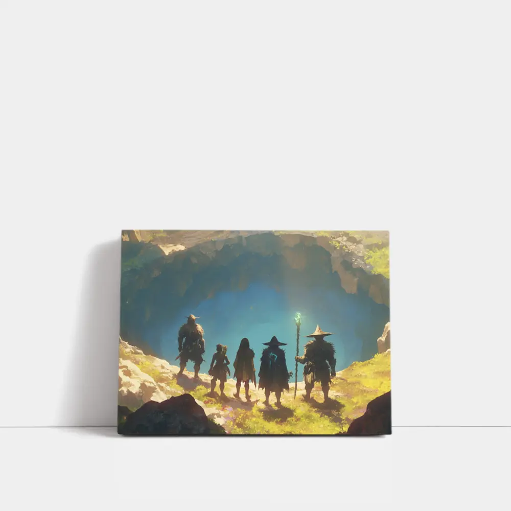 Fantasy Warriors Standing Before Glowing Cave – Wall Art