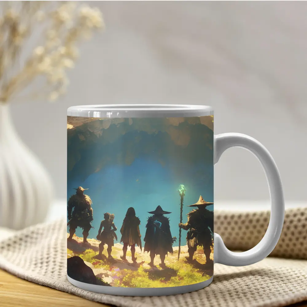 Fantasy Warriors Standing Before Glowing Cave – Mugs