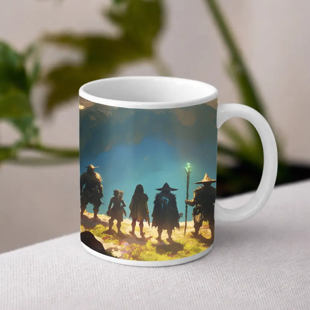 Fantasy Warriors Standing Before Glowing Cave – Mugs