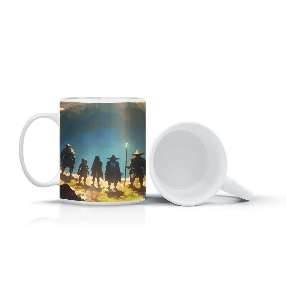 Fantasy Warriors Standing Before Glowing Cave – Mugs