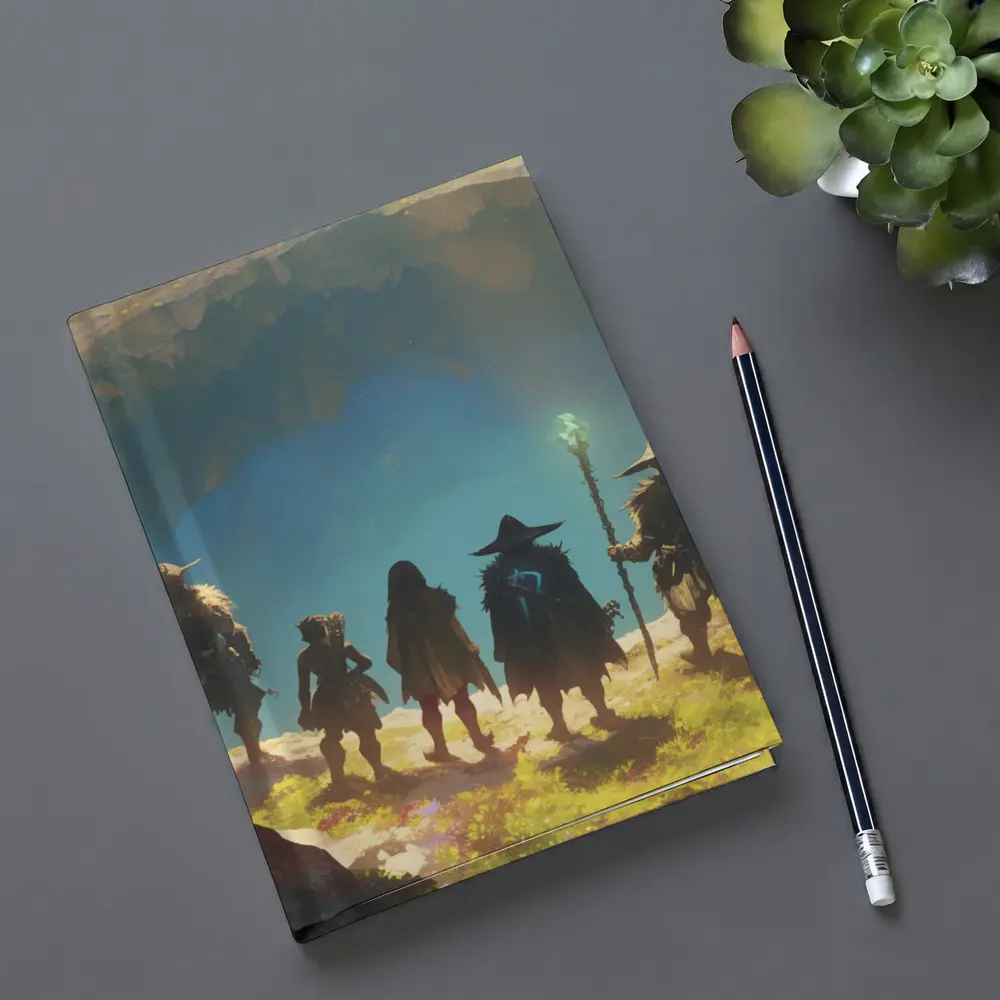Fantasy Warriors Standing Before Glowing Cave – Notebooks