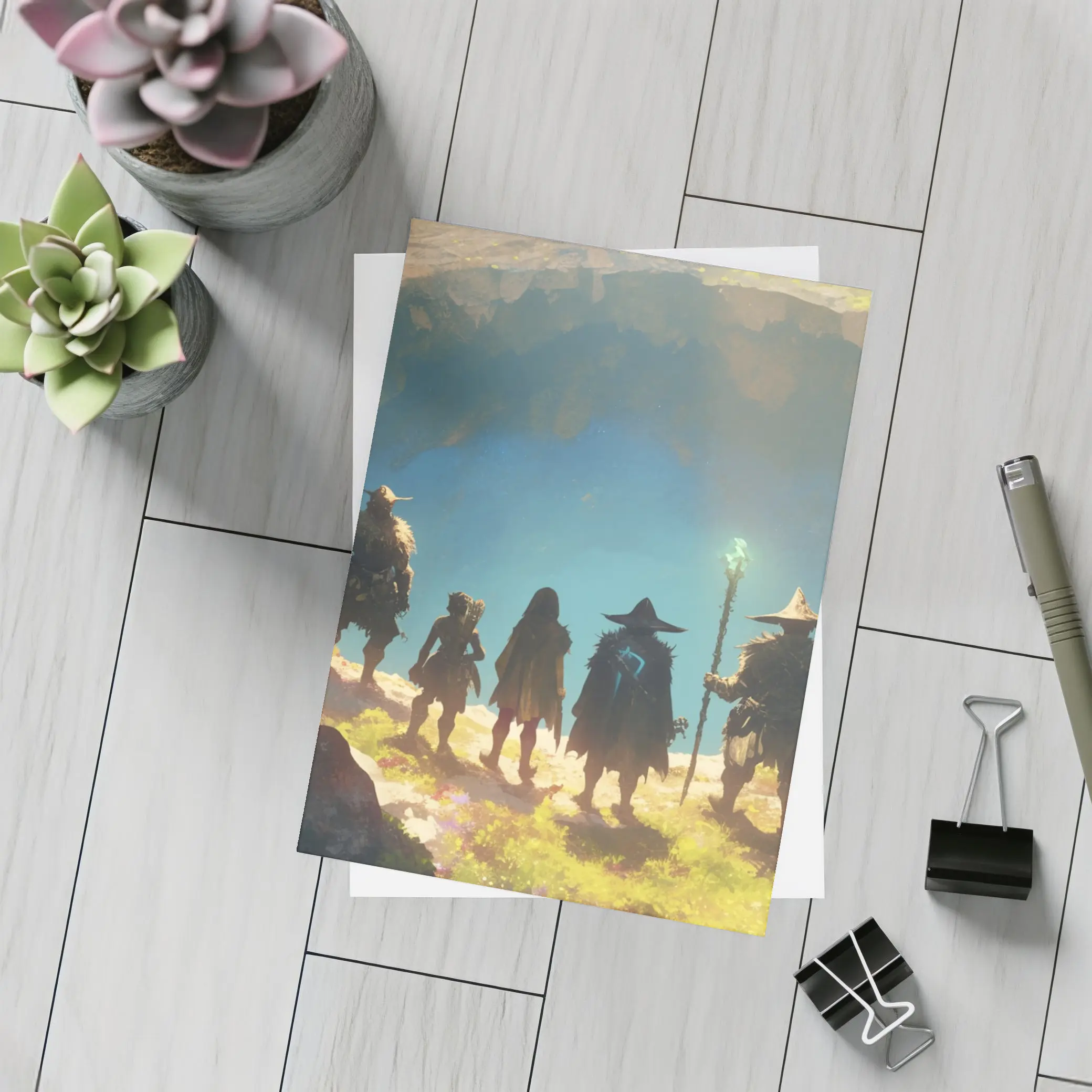 Fantasy Warriors Standing Before Glowing Cave – Postcards