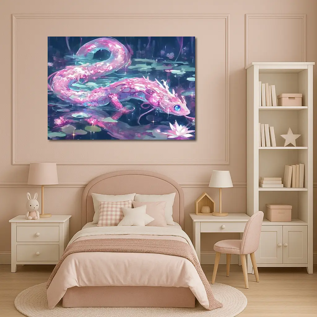 Pink Axolotl Glowing Lotus Pond Anime Art – Wall Art