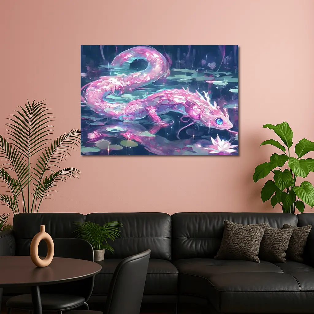 Pink Axolotl Glowing Lotus Pond Anime Art – Wall Art