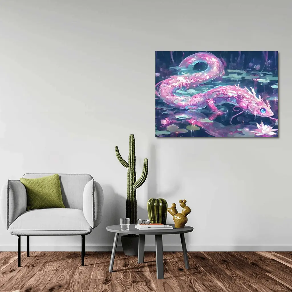 Pink Axolotl Glowing Lotus Pond Anime Art – Wall Art