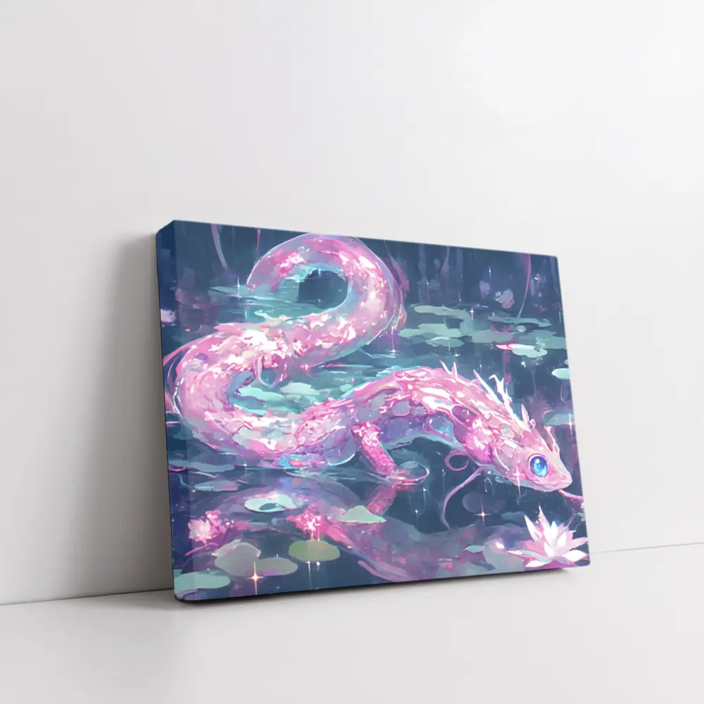 Pink Axolotl Glowing Lotus Pond Anime Art – Wall Art