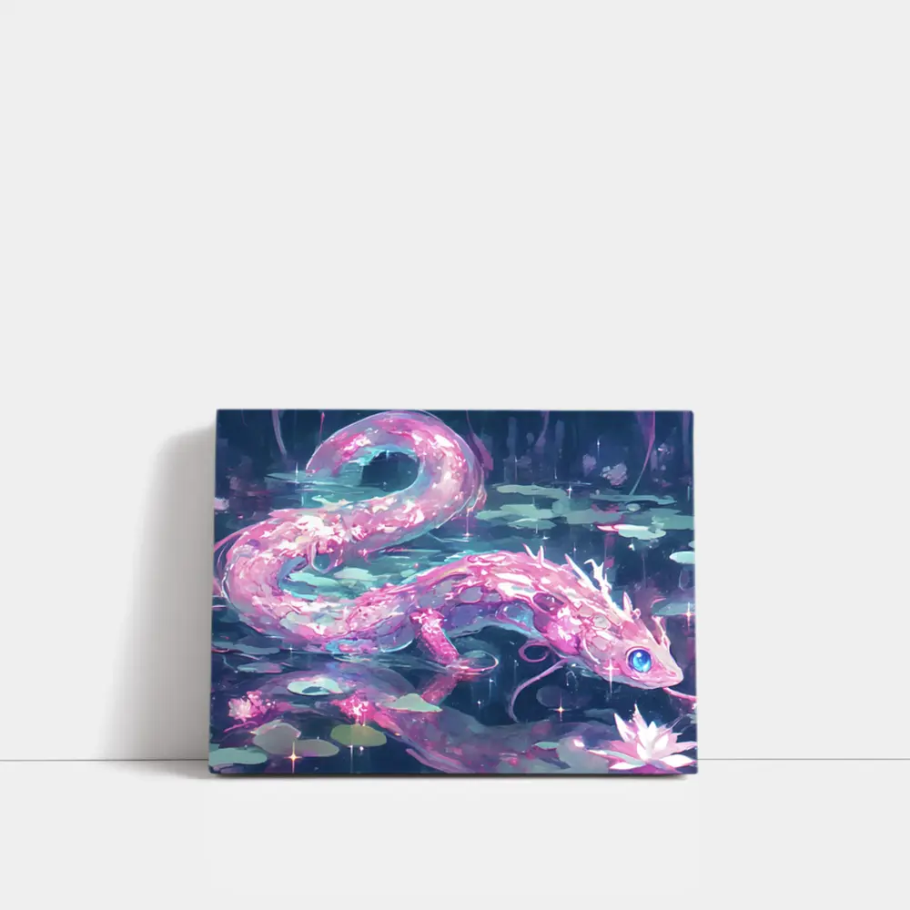 Pink Axolotl Glowing Lotus Pond Anime Art – Wall Art