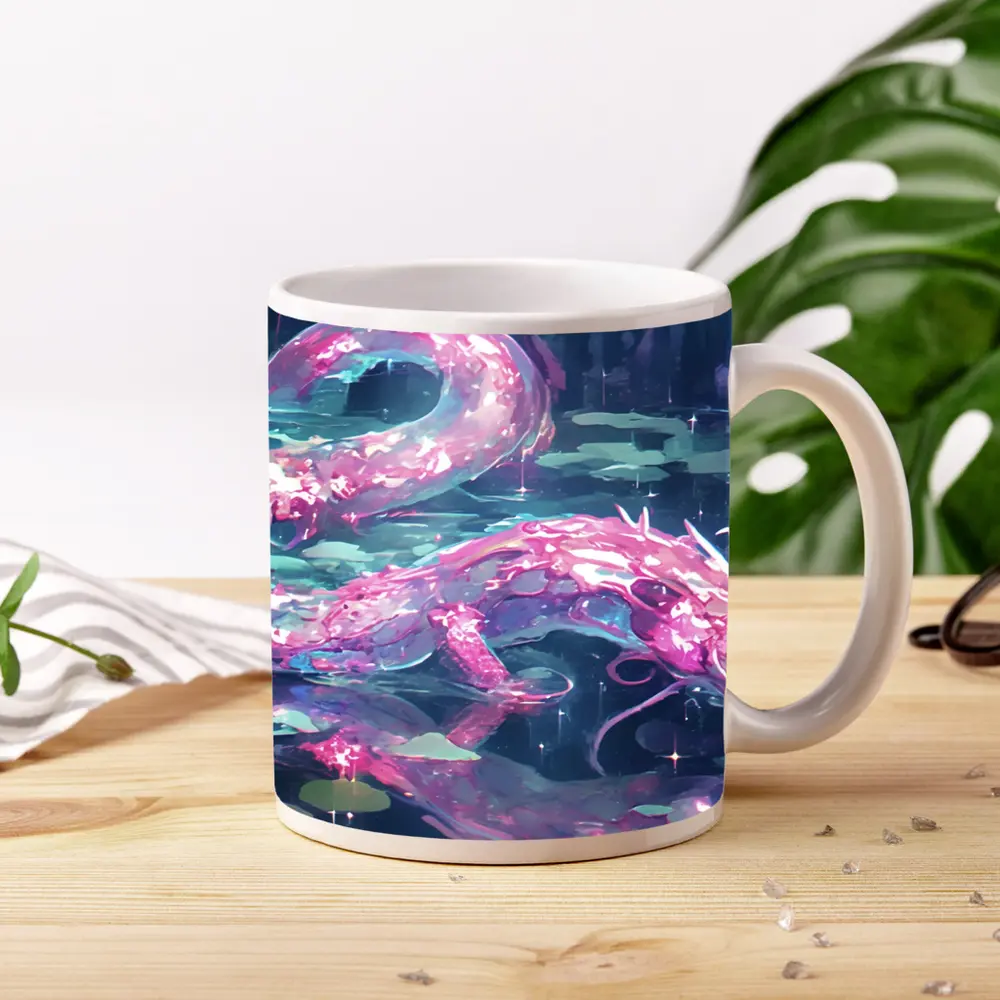 Pink Axolotl Glowing Lotus Pond Anime Art – Mugs