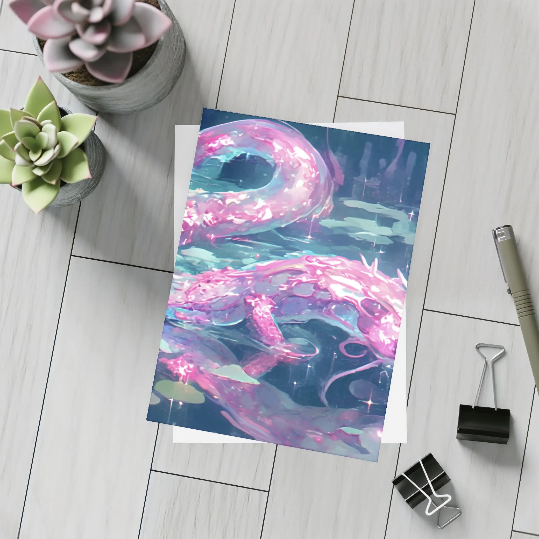Pink Axolotl Glowing Lotus Pond Anime Art – Postcards