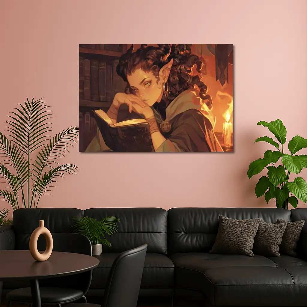 Fantasy Elf Girl Reading Book Candlelight Library – Wall Art