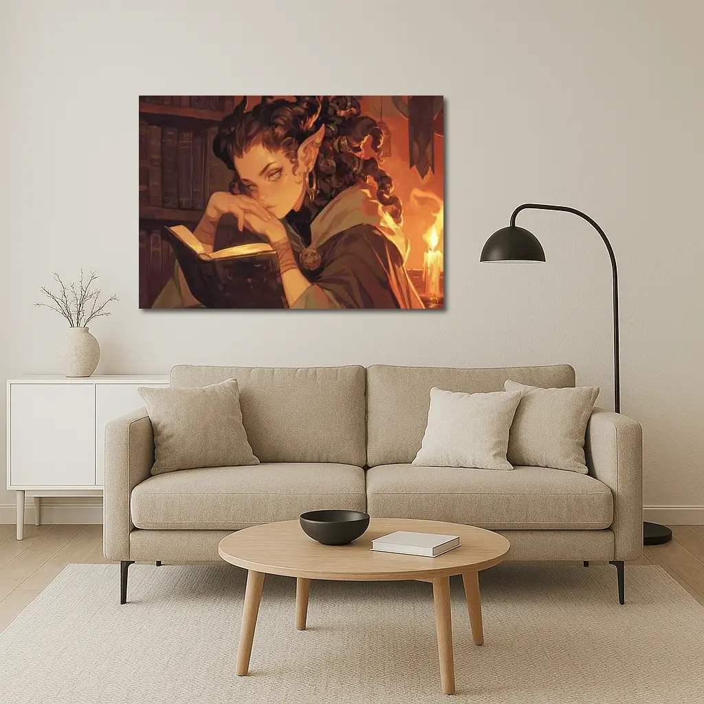 Fantasy Elf Girl Reading Book Candlelight Library – Wall Art