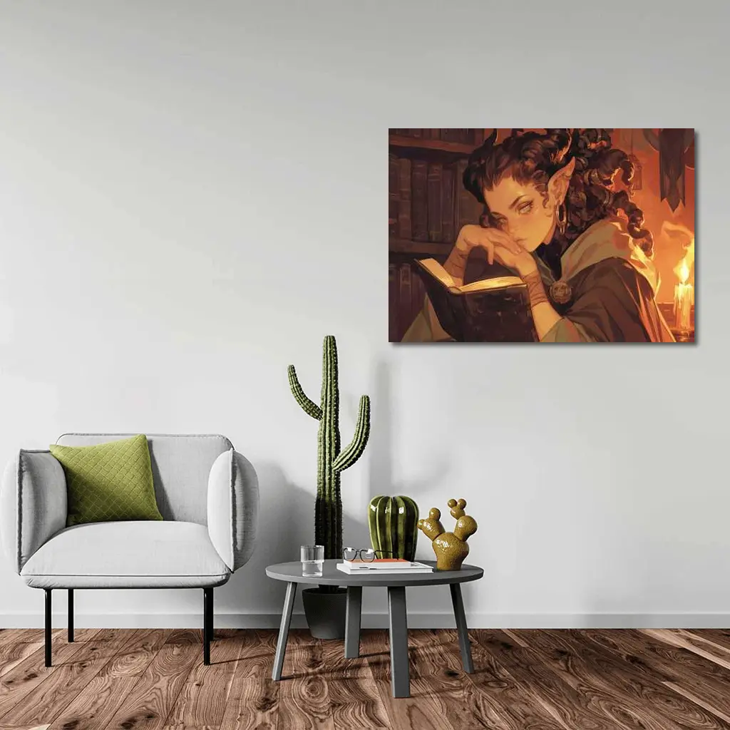 Fantasy Elf Girl Reading Book Candlelight Library – Wall Art