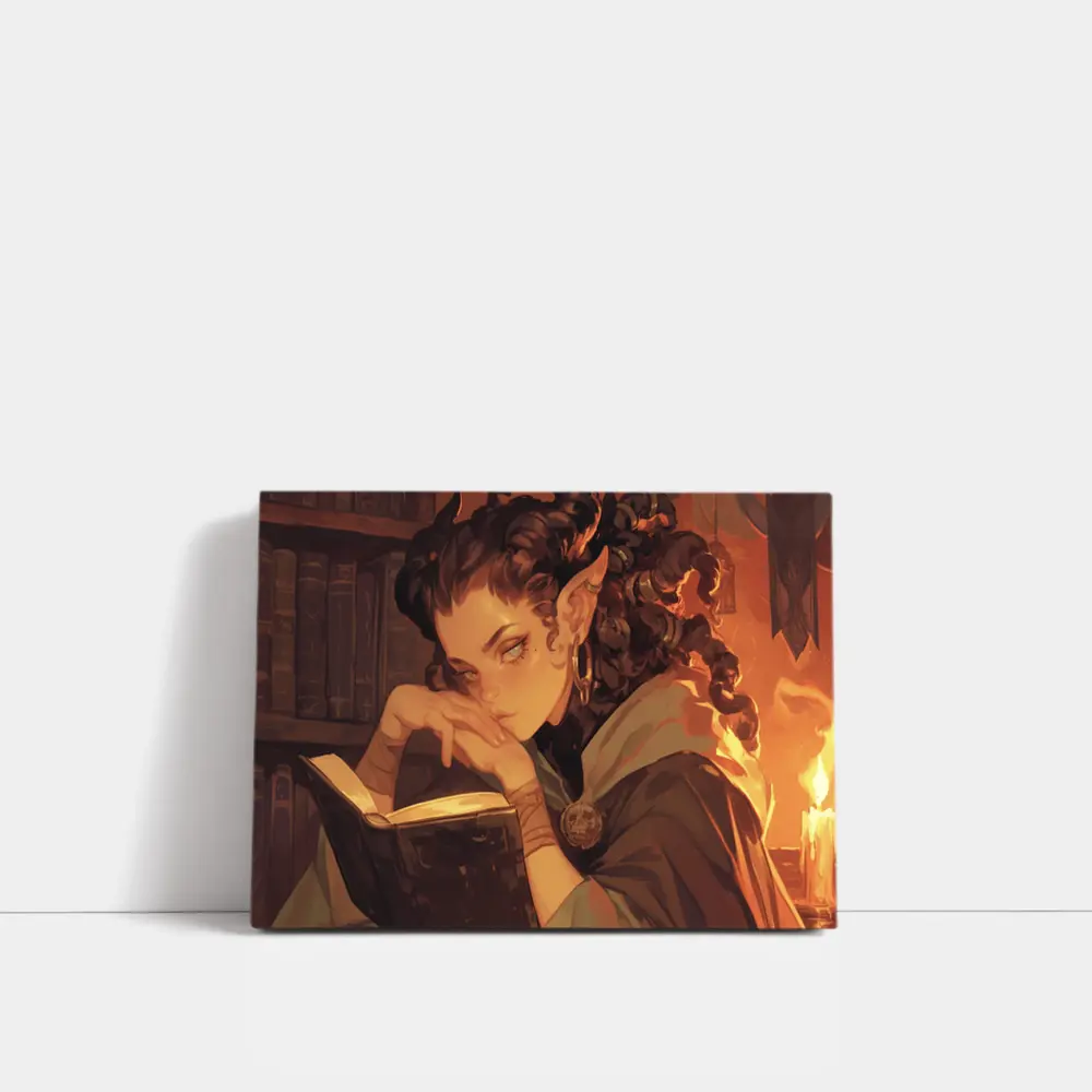 Fantasy Elf Girl Reading Book Candlelight Library – Wall Art