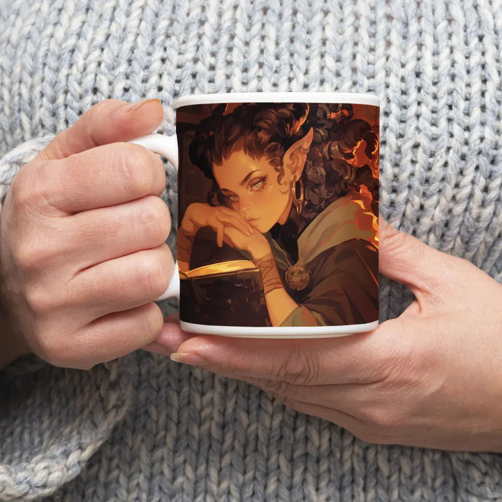 Fantasy Elf Girl Reading Book Candlelight Library – Mugs