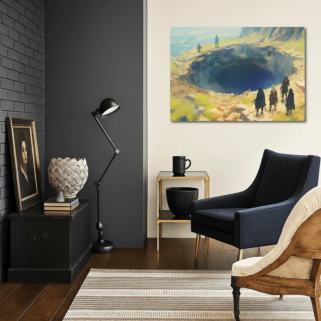 Fantasy Warriors Overlooking Mysterious Dark Chasm – Wall Art