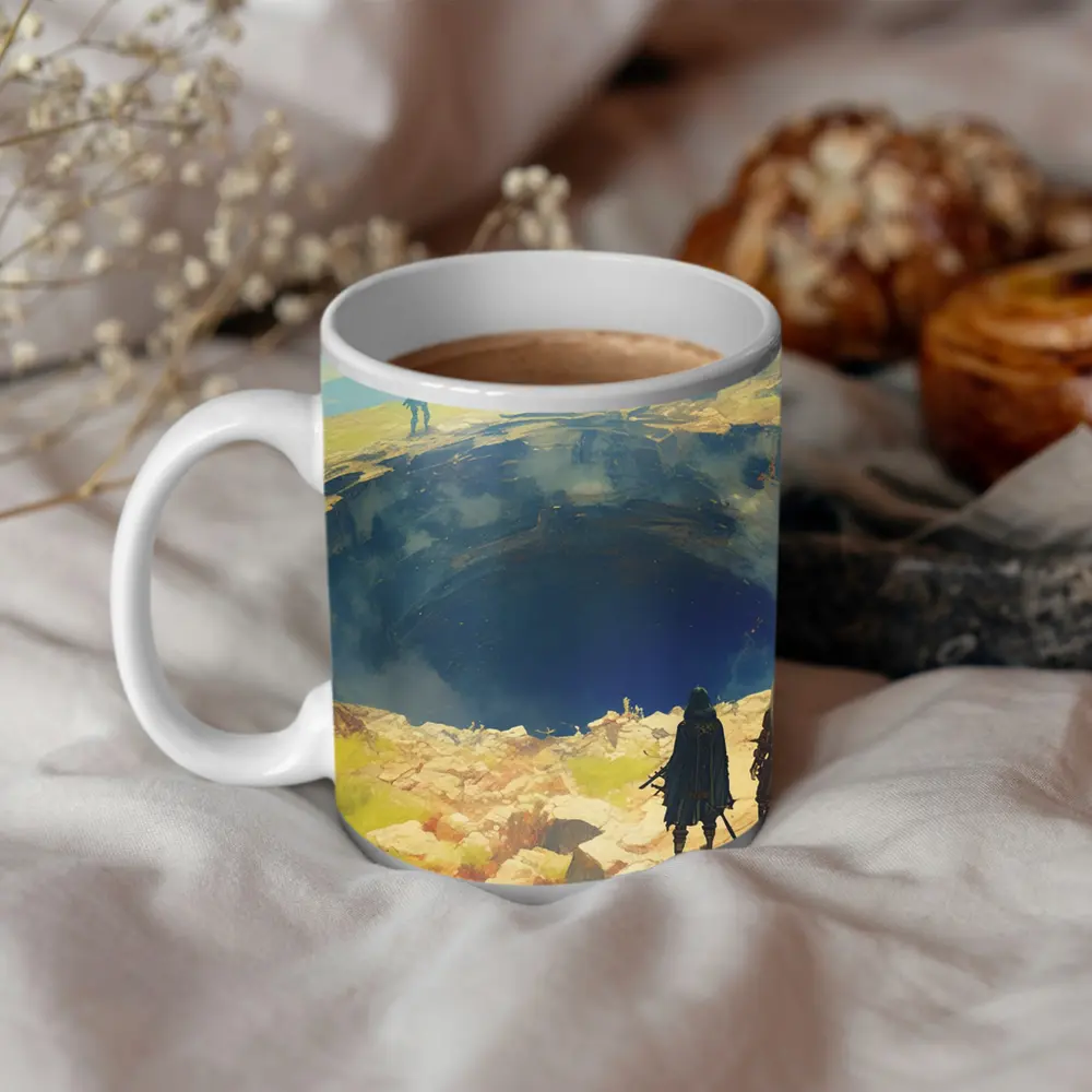 Fantasy Warriors Overlooking Mysterious Dark Chasm – Mugs