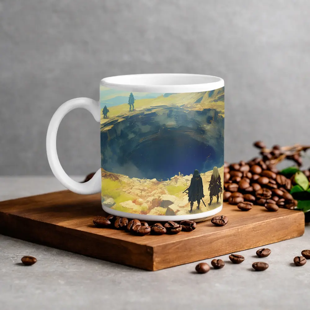 Fantasy Warriors Overlooking Mysterious Dark Chasm – Mugs
