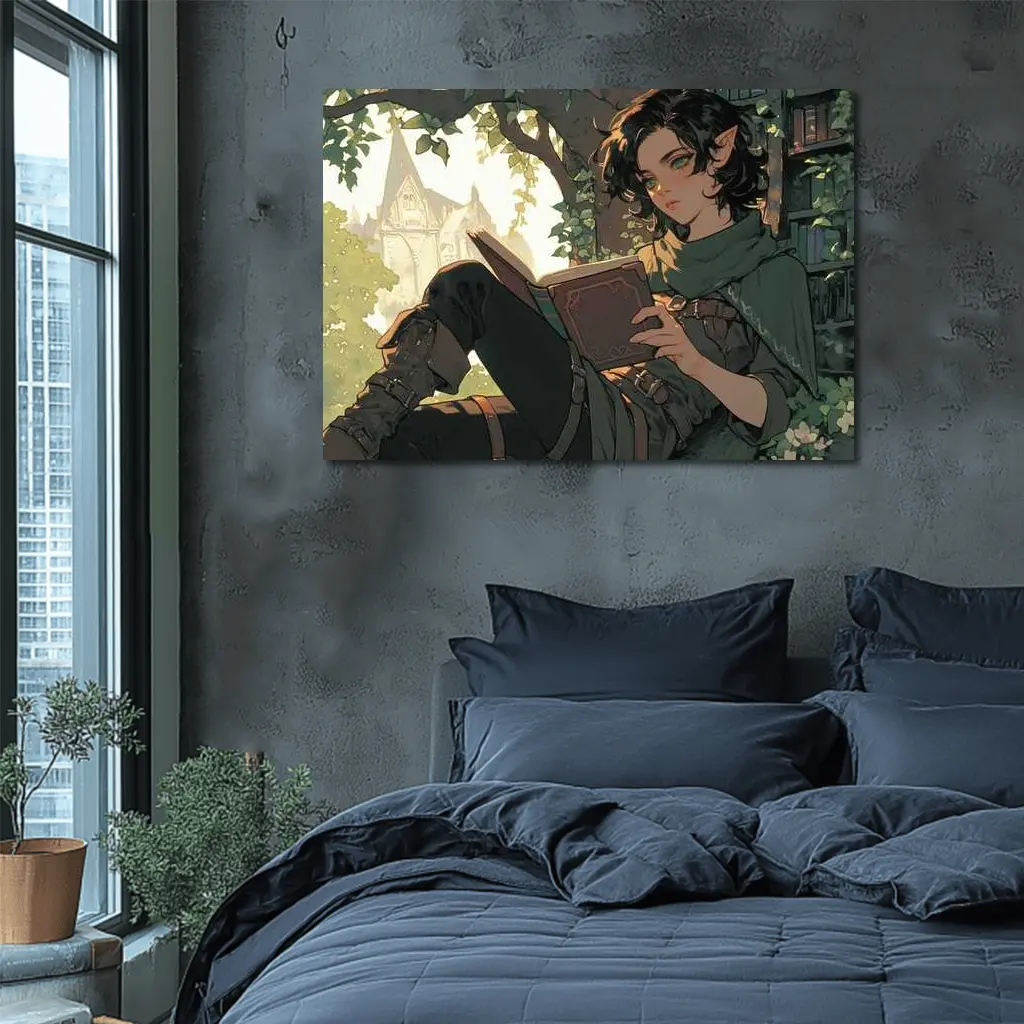 Elf Reading Book Fantasy Forest Anime Art – Wall Art